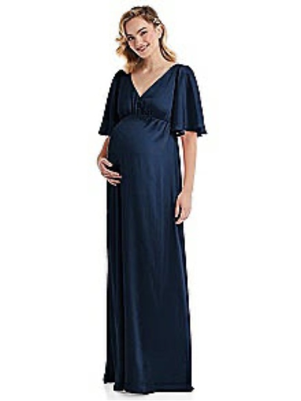 Maternity Navy V‑Neck Maxi Dress with Flutter Sleeves